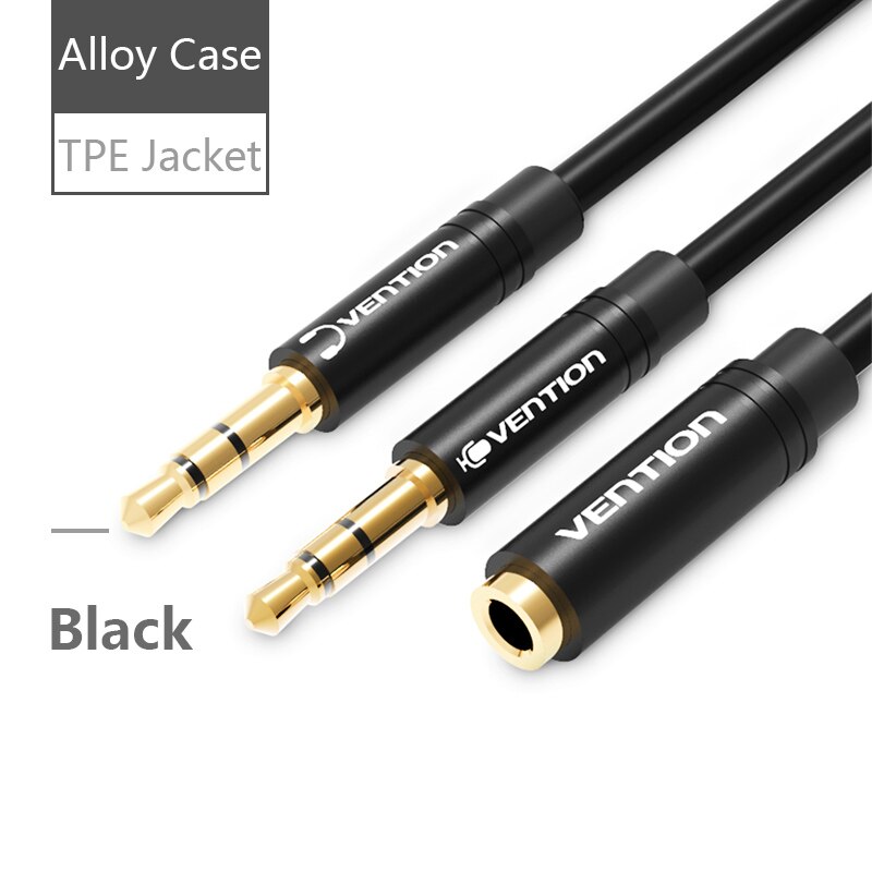 Vention Earphone Splitter for Computer Laptop 3.5mm Female to 2 Male 3.5mm Mic Headphone Audio Extension Cable Y Splitter Cable: BBU Black / 1m