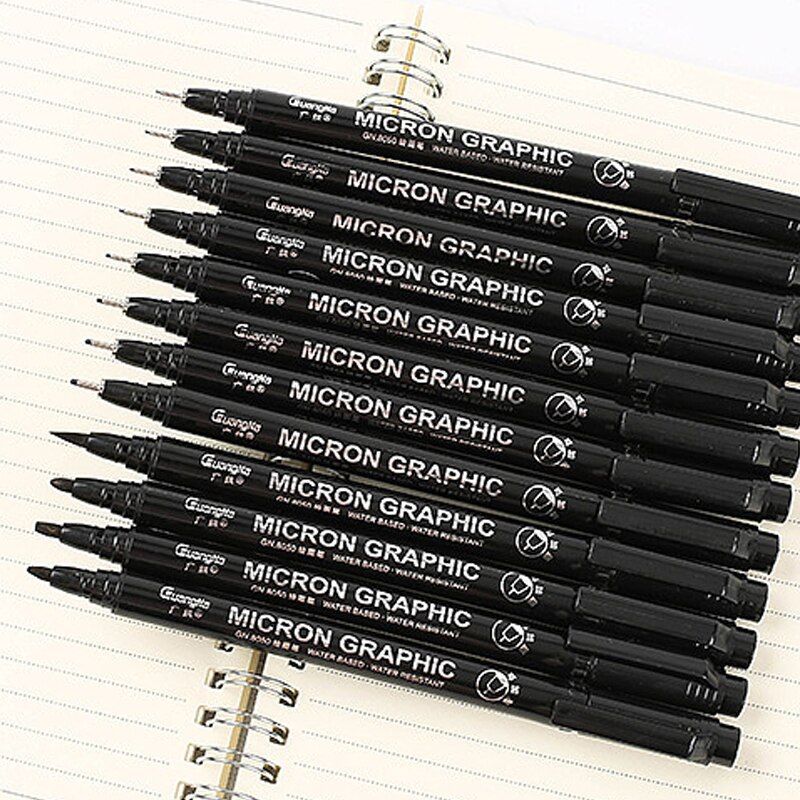12pcs Different sizes Black Fineliner Waterproof Ink markers Pen for architect Sketching Drawing Brush pen art supplies