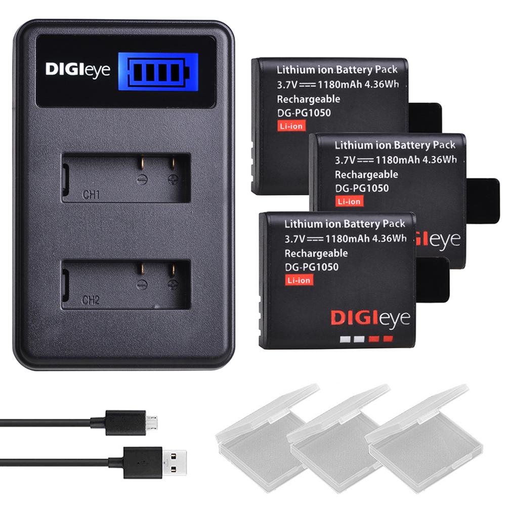 3Pcs 1180Mah PG1050 Oplaadbare Batterij + Lcd Dual Charger Voor 4K Action Camera Akaso EK7000 Eken H9R sjcam SJ4000 Dbpower: 3 battery set