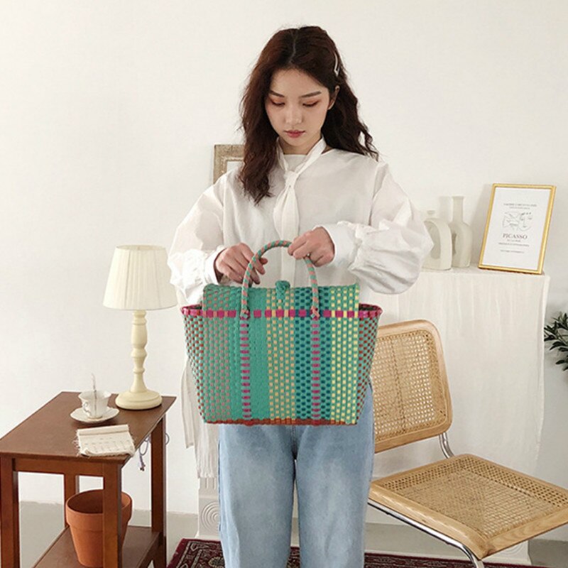 Mand Pp Strap Weave Emmer Polsbandjes Vintage Mori Meisje Handtas Picknick Tas Strandtas Ladylike Hoge Capaciteit Boodschappentas