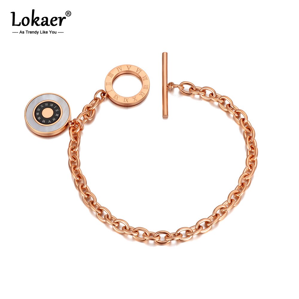 Lokaer Titanium Aço Inoxidável Branco Shell Círculo Charme Pulseiras Para Mulheres Bohemia Trendy Numerais Romanos Pulseira Cadeia B20077