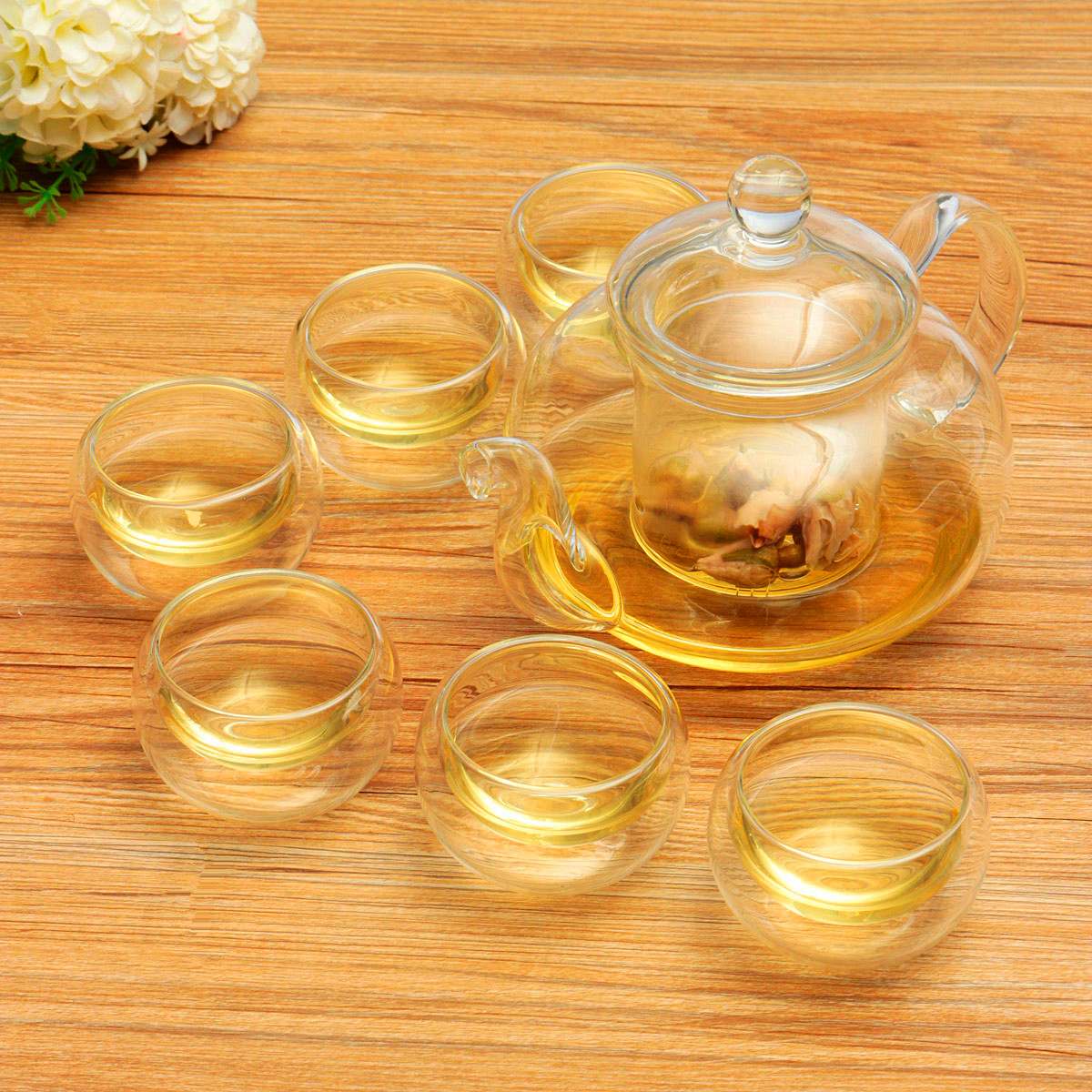 600ml/800ml Glass Teapot Set Kettle Heat Resistant Glass Tea Pot Infuser and Cup Set 6pcs Double Wall Glass Teacup Teaware