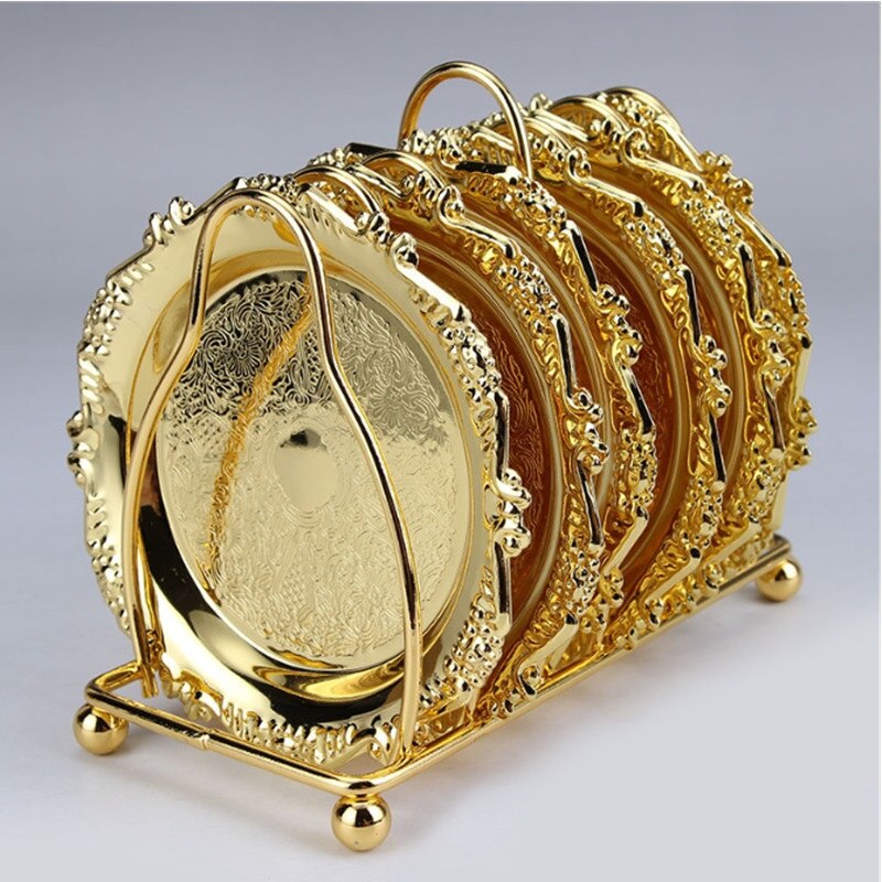 Top metal kop coaster krus/glas måtte/dessert tallerken 6 stk/sæt guld sølv dekoration europæisk stil: Guld