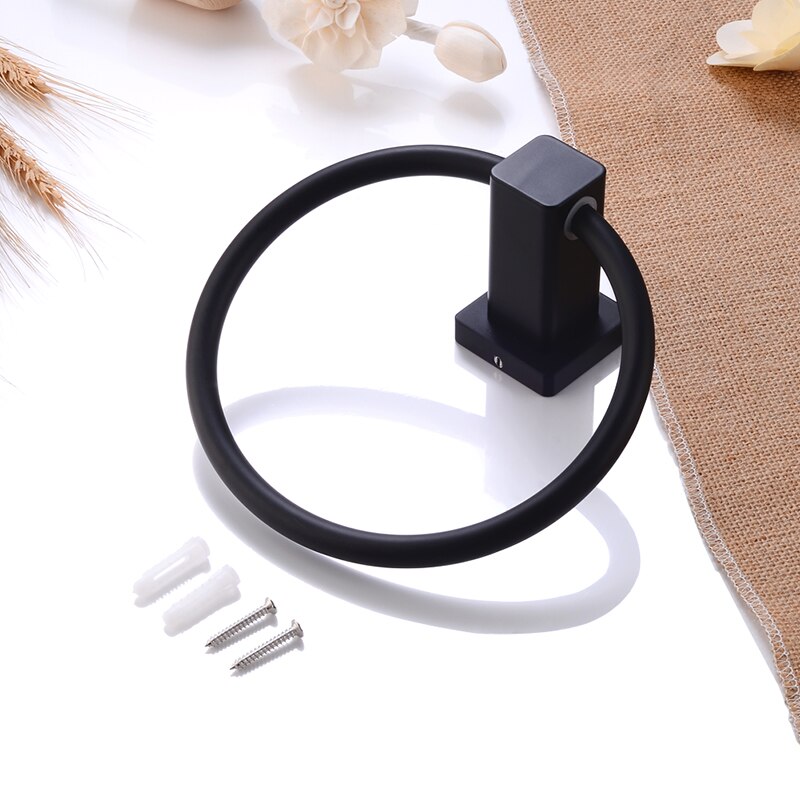 Toallero redondo negro para baño, soporte de anillo de toalla montado en la pared, colgador de riel, Perchero de aluminio, accesorios de baño