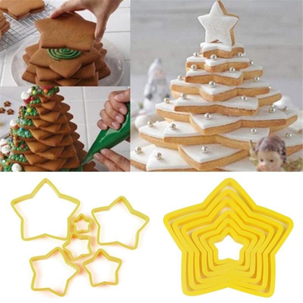 6 Stks/set Kerstboom Cookie Cutter Sterren Vorm Fondant Cake Biscuit Cutter Mold 3D Taart Decoreren Gereedschappen Bakken tool