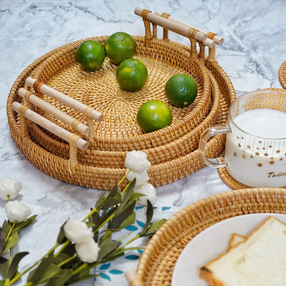 Vassoio tondo intrecciato in Rattan piatto a doppio orecchio intrecciato per frutta e verdura per cucina rotonda colazione bevanda Snack