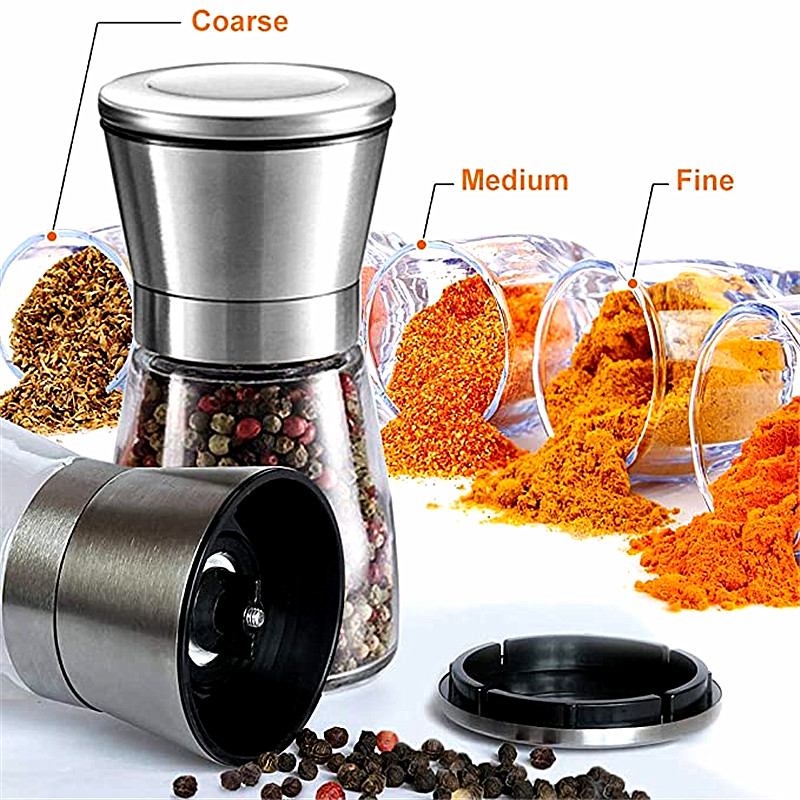 Molinillo de acero inoxidable para moler sal y pimienta, molinillo de vidrio para especias y hierbas, botella de molienda, utensilios de cocina, herramientas de vidrio, 1/2 Uds.