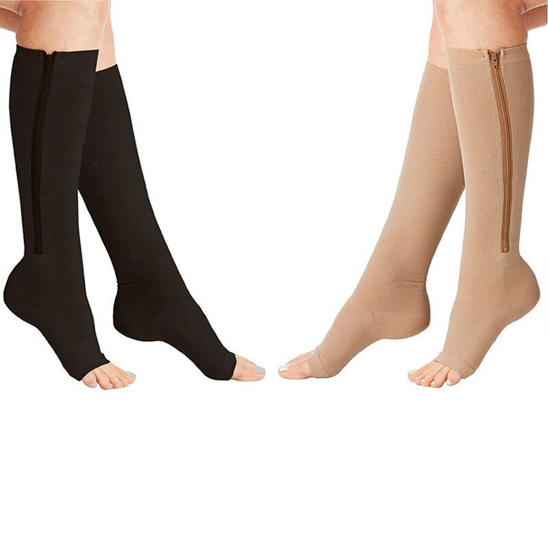 Medias de compresión con cremallera para hombre y mujer, calcetines largos de nailon con cremallera para rodilla, Unisex, con soporte para piernas, calcetines largos con punta abierta y presión elástica