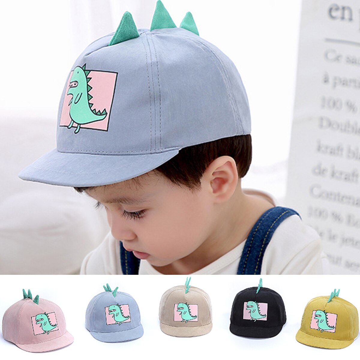 Sød dinosaur mønster børnehatte flade tegneserie børn baseball kasket fjeder baby justerbar bomuld kasket baby blød hat