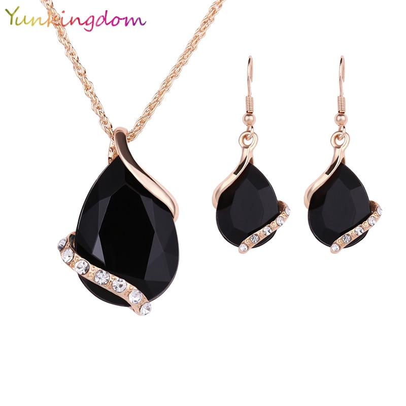 Yunkingdom Black Crystal Oorbellen Kettingen Sets Goud Kleur Sieraden Sets voor Vrouwen Geometrische Bruiloft Sieraden
