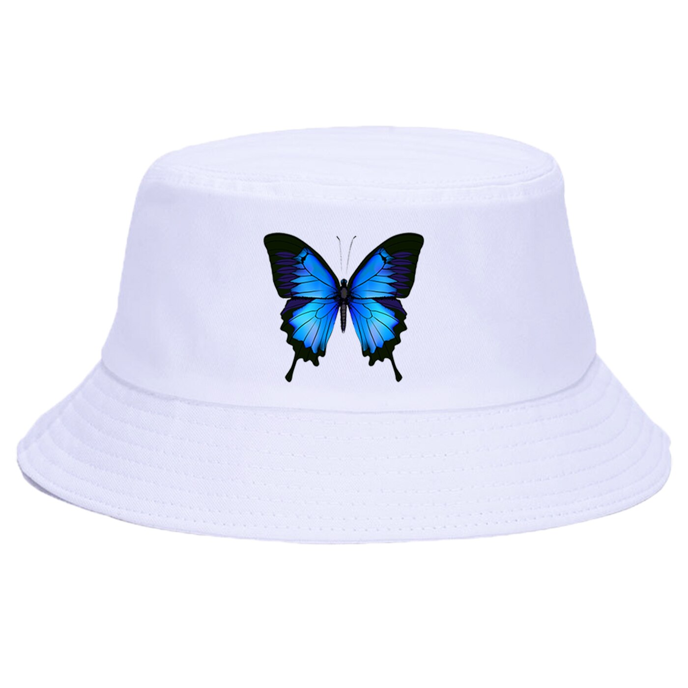 Blå sommerfugl spand hat kvinder udendørs sommer foldbar spand hatte anti-solskoldning fiskeri fisker hatte flad strand sol hat kasket: Hvid 6
