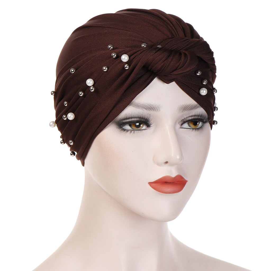 Turbante musulmán de ante para mujer, gorro con perlas de terciopelo, turbante indio, diadema para invierno: Coffee