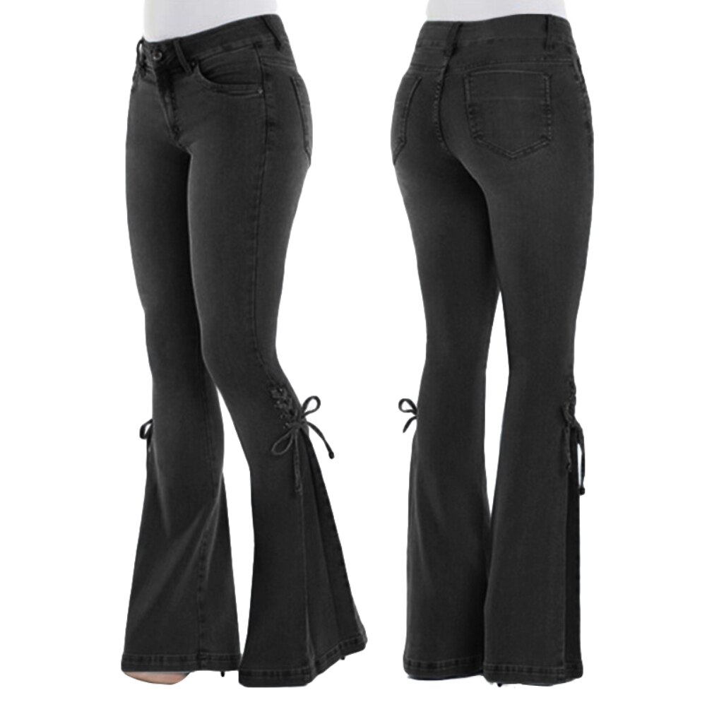 Grande taille Denim pantalon femmes Vintage Flare jean à lacets noeud maigre jambe large Denim pantalon Flare jean à lacets nœud jean moulant
