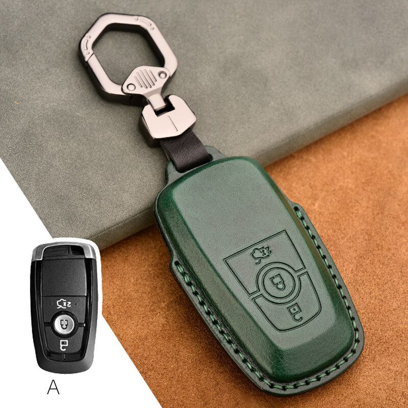 Retro Leather Remote Key Fob Holder Cover Case For Ford Edge Fusion Mustang Explorer Expedition F150 F250 F-350 F-450 keyless: 3BTNS Green