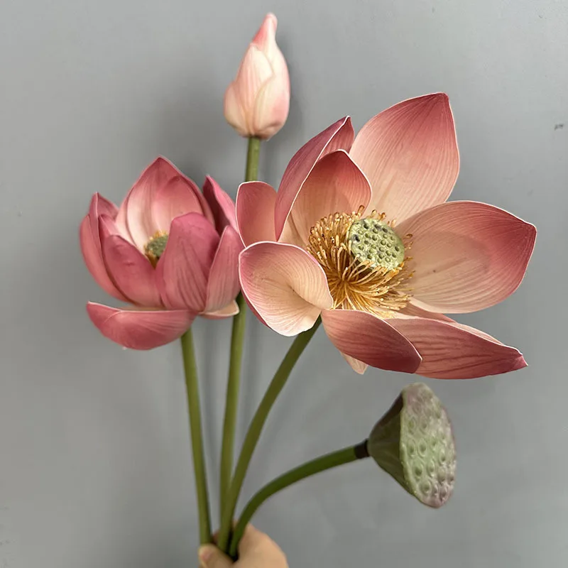 Artificial Flower EVA Lotus with Pole Lotuses Leaves Home Living Room Pastoral Style Decoration Simulation Pink White Flowers