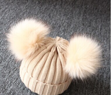 Baby pige dreng børn søde beanies solidstrikket bobble hat dobbelt pom pom vinter varm hæklet elastisk masse: Beige