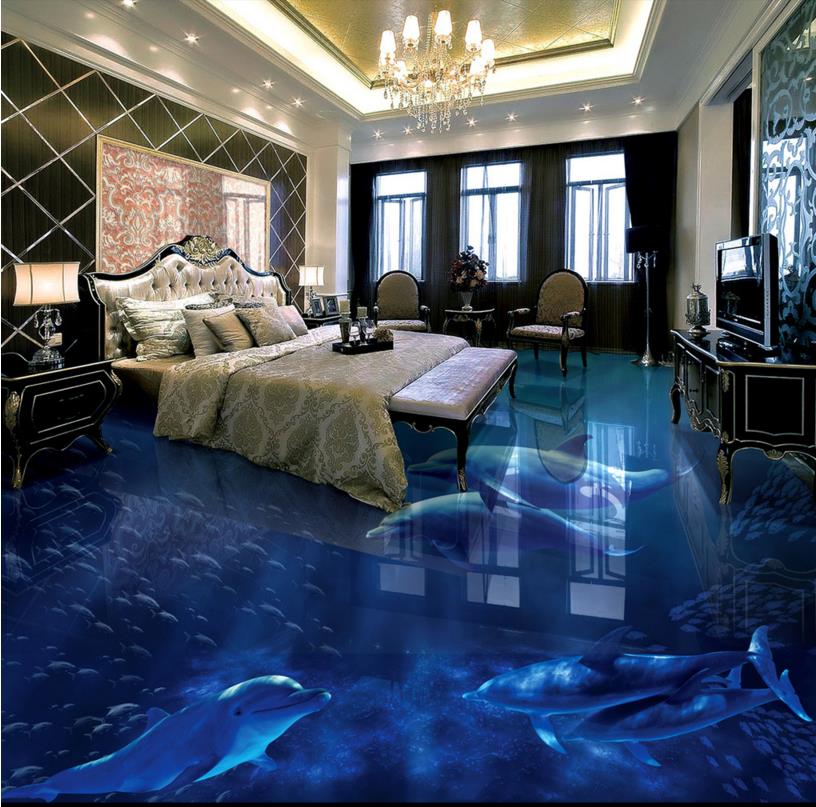 Custom 3d vloeren PVC vinyl vloer Dolfijnen 3D vloer behang waterdichte zelfklevende PVC 3D behang