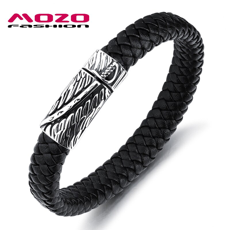 Mozo pulseira masculina de couro, joias da moda masculinas, pulseira de couro preto, espada punk de aço inoxidável, charme de fivela magnética de alta qualidade ps2079: Inner perimeter165mm