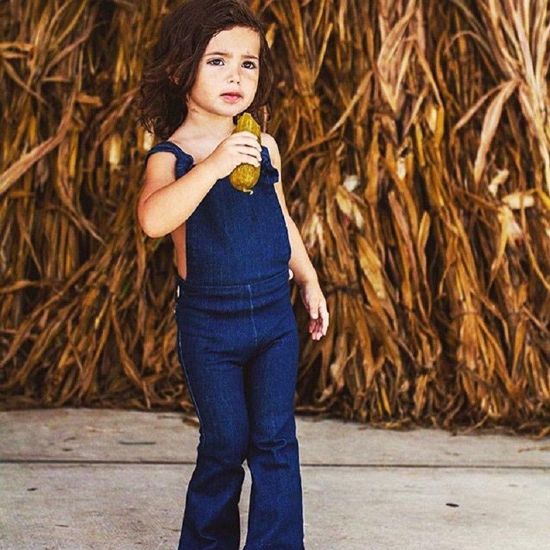 Bambini Tute E Salopette Denim Della Cinghia Del Pagliaccetto Casual Maglione Delle Ragazze Del Bambino Dei Pantaloni Della Tuta Outfit Abbigliamento Campana Pantaloni di Fondo Vestiti di Estate