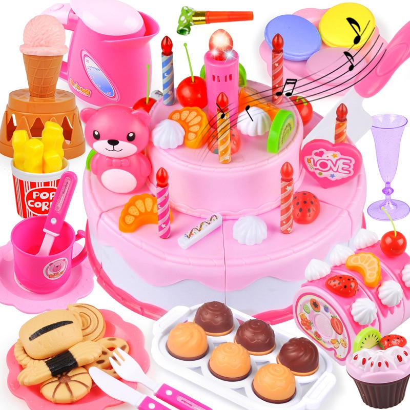 Birthday Cake Toys 37-80PCS DIY Pretend Play Fruit Cutting Kitchen Food Kids Toy Pink Blue For Children Cocina De Juguete