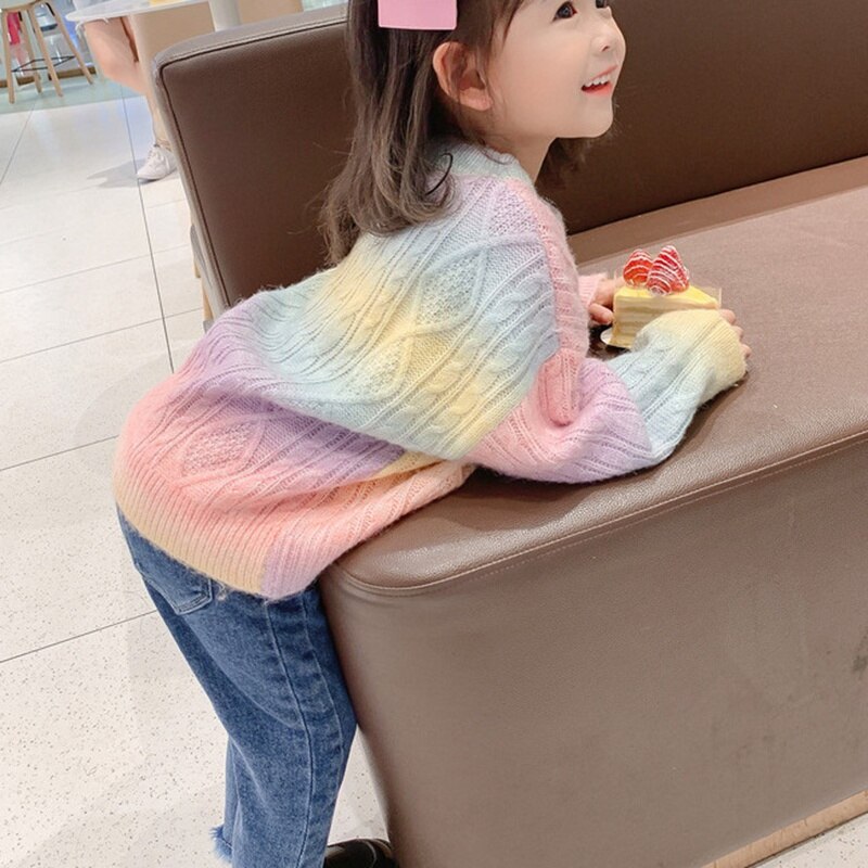 Pull tricoté arc-en-ciel pour fille, pull ample à col rond, vêtement pour enfant de 3 à 11 ans, collection automne et hiver: 3y