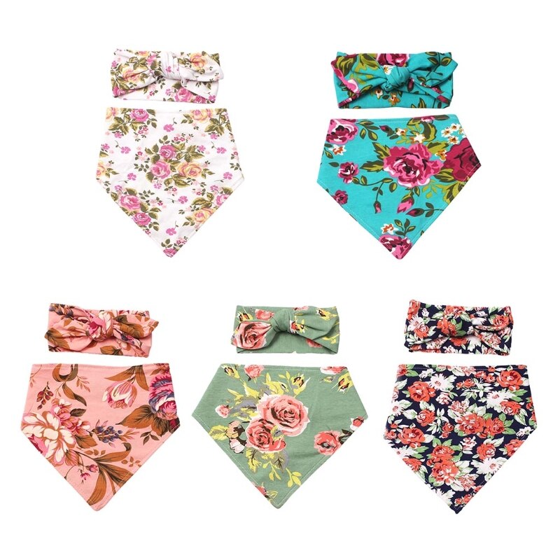 Set di fascia per bavaglino con bretelle per allattamento per bambini 2 pezzi bavaglino con stampa floreale a doppio lato Kit fascia per capelli asciugamano Saliva morbido puro cotone