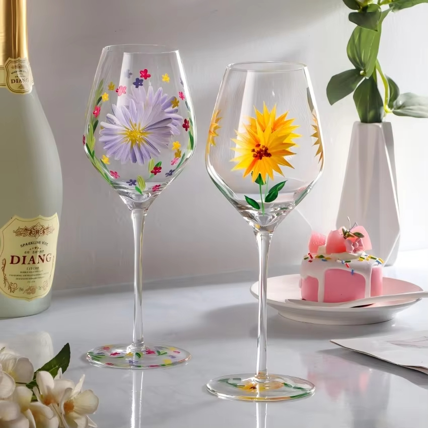 Copas de champán Vintage, copa pintada a mano, girasol, tulipán, flamenco, rosa, patrón, copa de vino tinto, Bar en casa, restaurante, copa de cristal