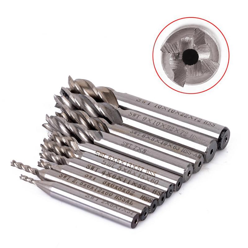 10PCS HSS 2-10mm Milling Cutter CNC Straight Shank 4 Flute Mill Metal Cutter CNC Tools