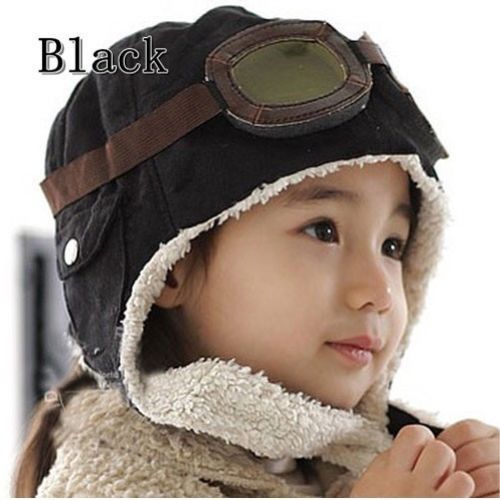 Vinter varm baby toddler drenge piger børn pilot flyver hatte unisex justerbar ensfarvet cap hat beanie brun sort: Sort