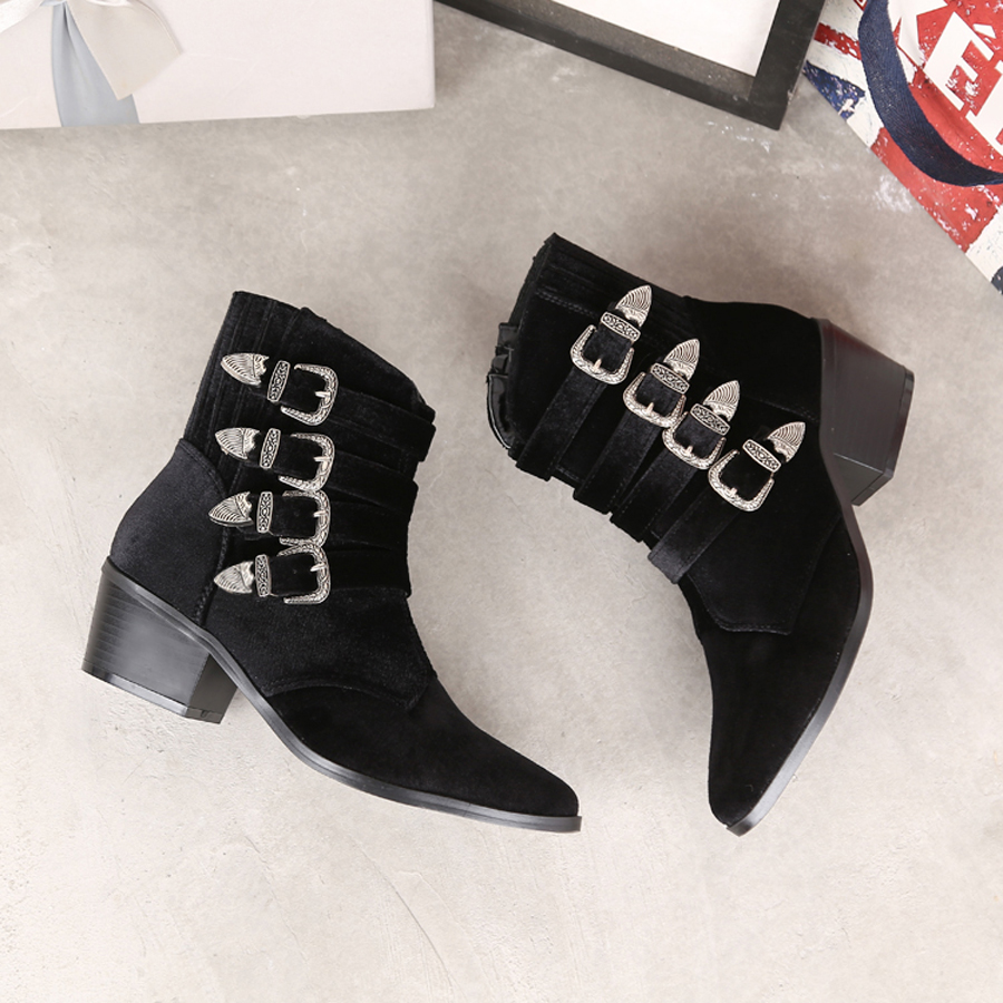 Frauen Samt Stiefel Reißverschluss Spitz Gürtel Schnalle hoch oben Knöchel Chelsea Stiefel Schuhe klobig Ferse Westlichen Neue 2 Farben