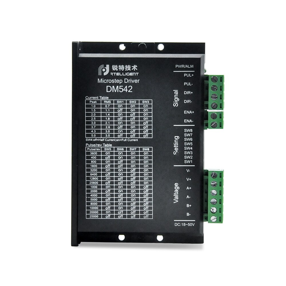 Rtelligent fábrica tomada dm542 nema 23 driver de motor passo cnc kit 5.0a 24-50vdc dc driver de motor para nema 17 23 motor deslizante