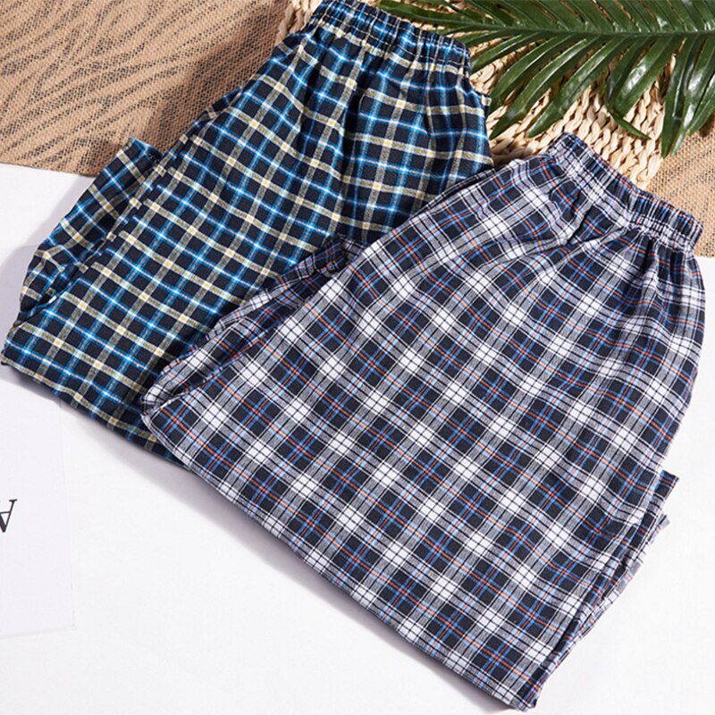 Men's Cotton Trousers And Shorts Double Cotton Gauze Casual Living Pants Beach Pants Cotton Plaid Sleepwear Mens Pajama