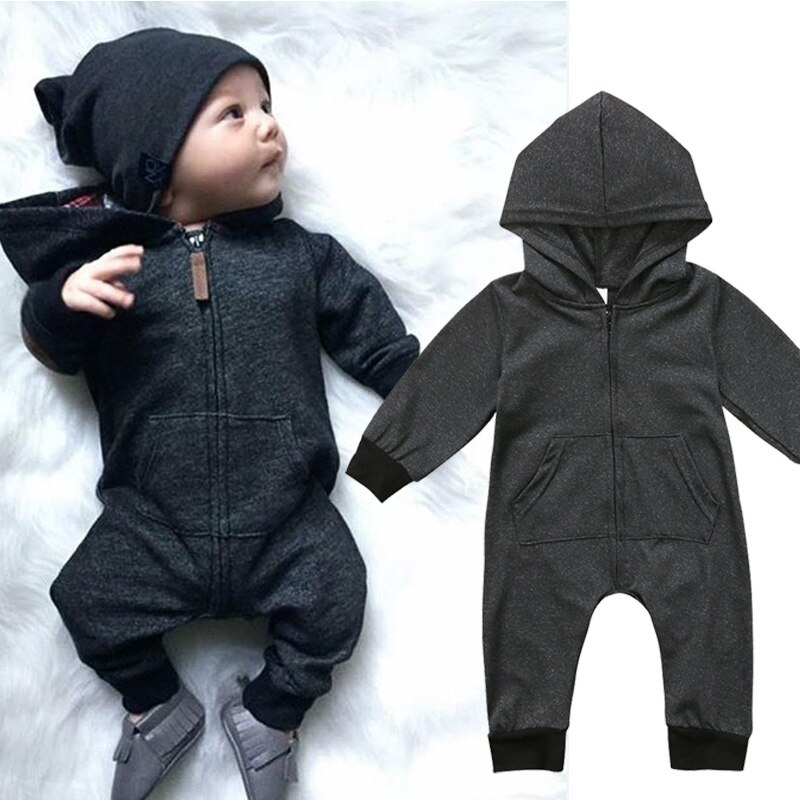 Solid Lange mouwen Rits Up Hooded Jumpsuit Rompertjes Voor Baby Boy