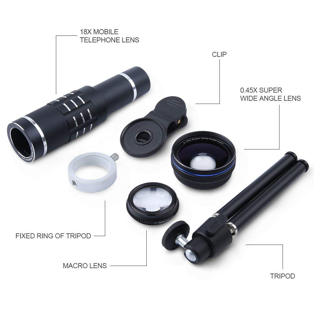 Mobile Phone Lenses Kit 18X Telephoto Lens Wide Angle Lens Macro Lens with Clip and Tripod for iPhone Samsung Huawei Smart Phone