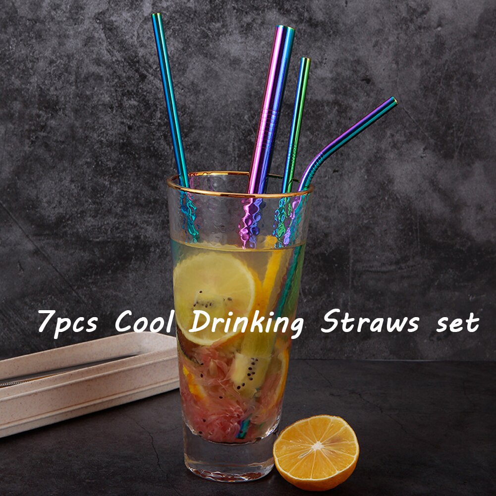 Gjenbrukbare drikkestråer av metall rustfritt stål fast bøyd rett drikkestrå med rengjøringsbørste festtilbehør