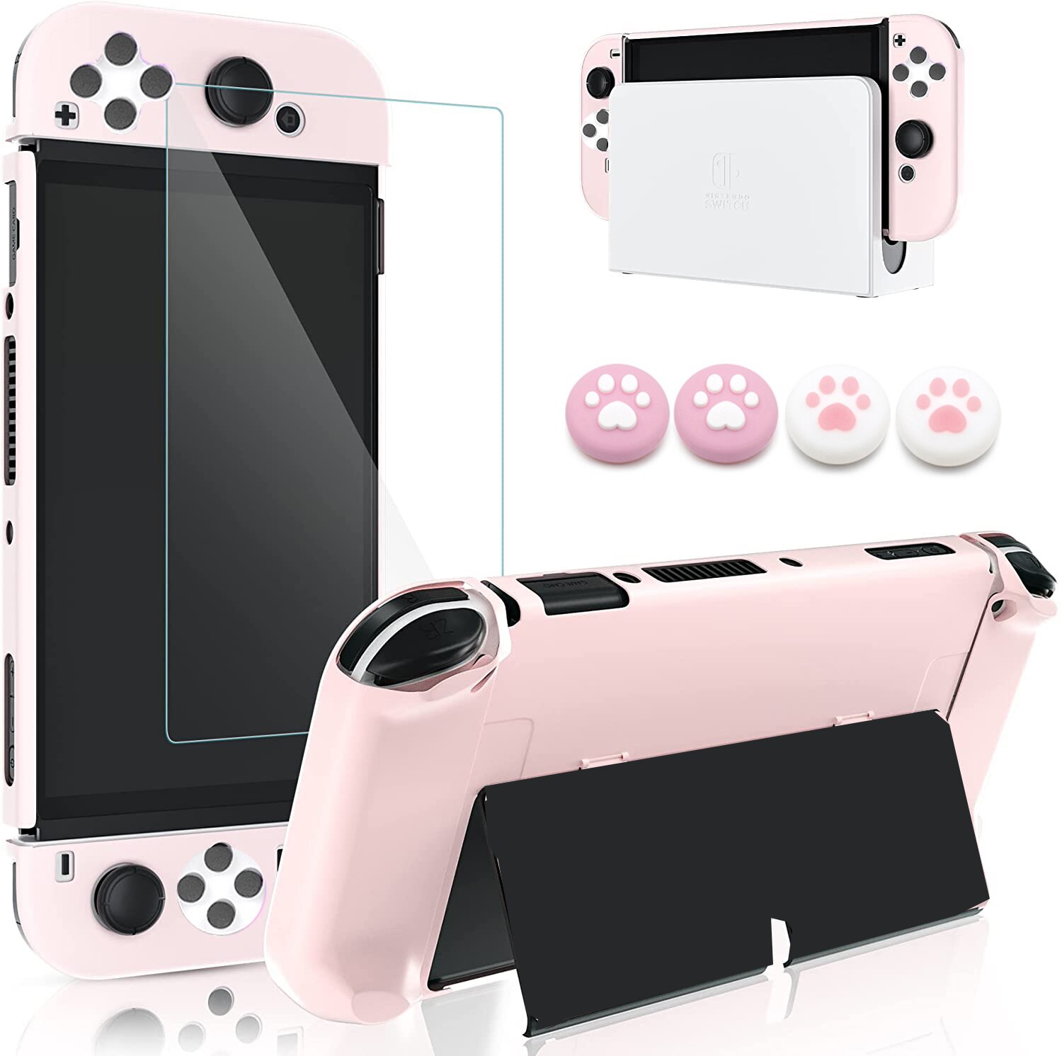 Hard Shell Micro-Frosted Cover Case Voor Schakelaar Oled &amp; Joycon Controller Game Accessoires 4 Thumb Grip Cap En screen Protector: Roze