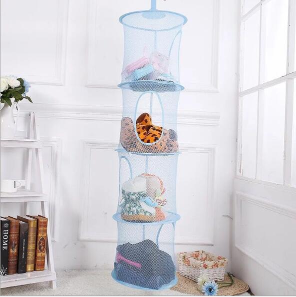 Four-layer Collapsible Hanging Basket Breathable Mesh Toy Storage Basket Storage Cage Drying Basket Home Organizer: Blue
