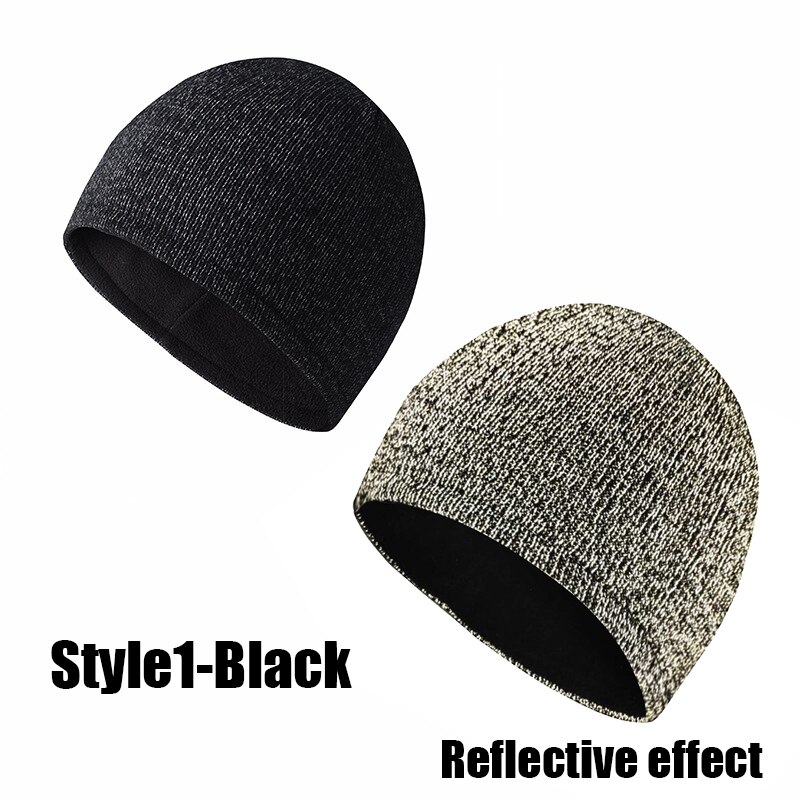 2 stil unisex reflekterande stickad mössa hatt vinter varm nattlöpning cykling promenader säkerhet mössor för män och kvinnor: Stil 1- svart