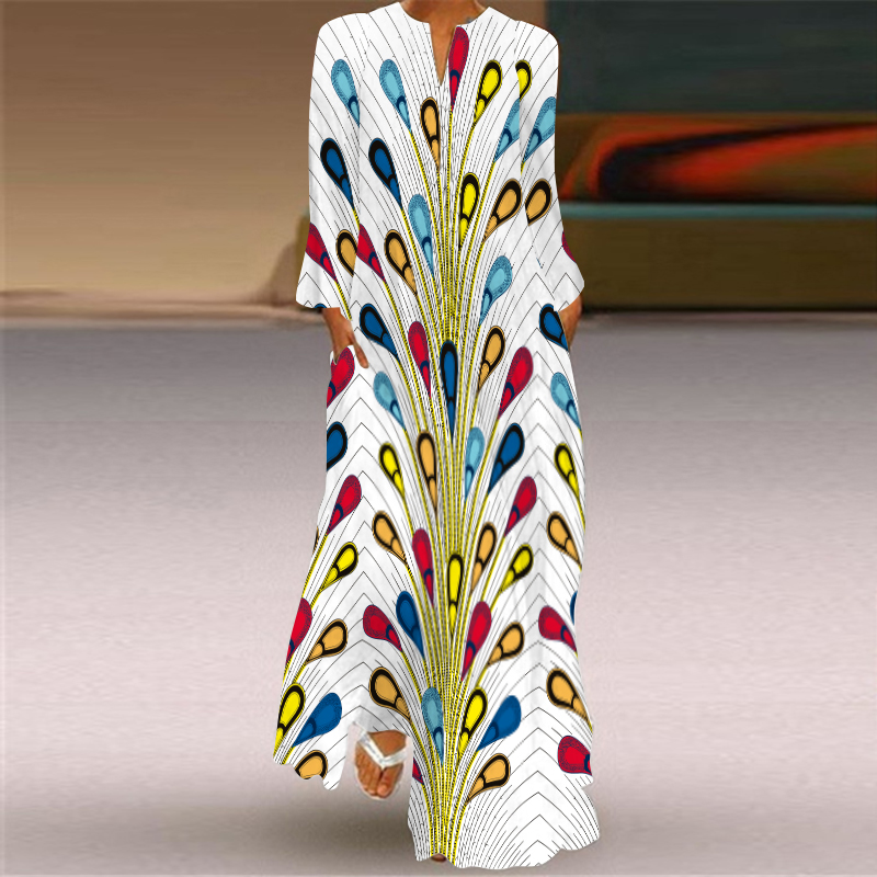 Robe transfrontalière européenne et américaine pour femmes, col en v, manches longues, Sexy, imprimée, grande poche, commerce extérieur, 2024