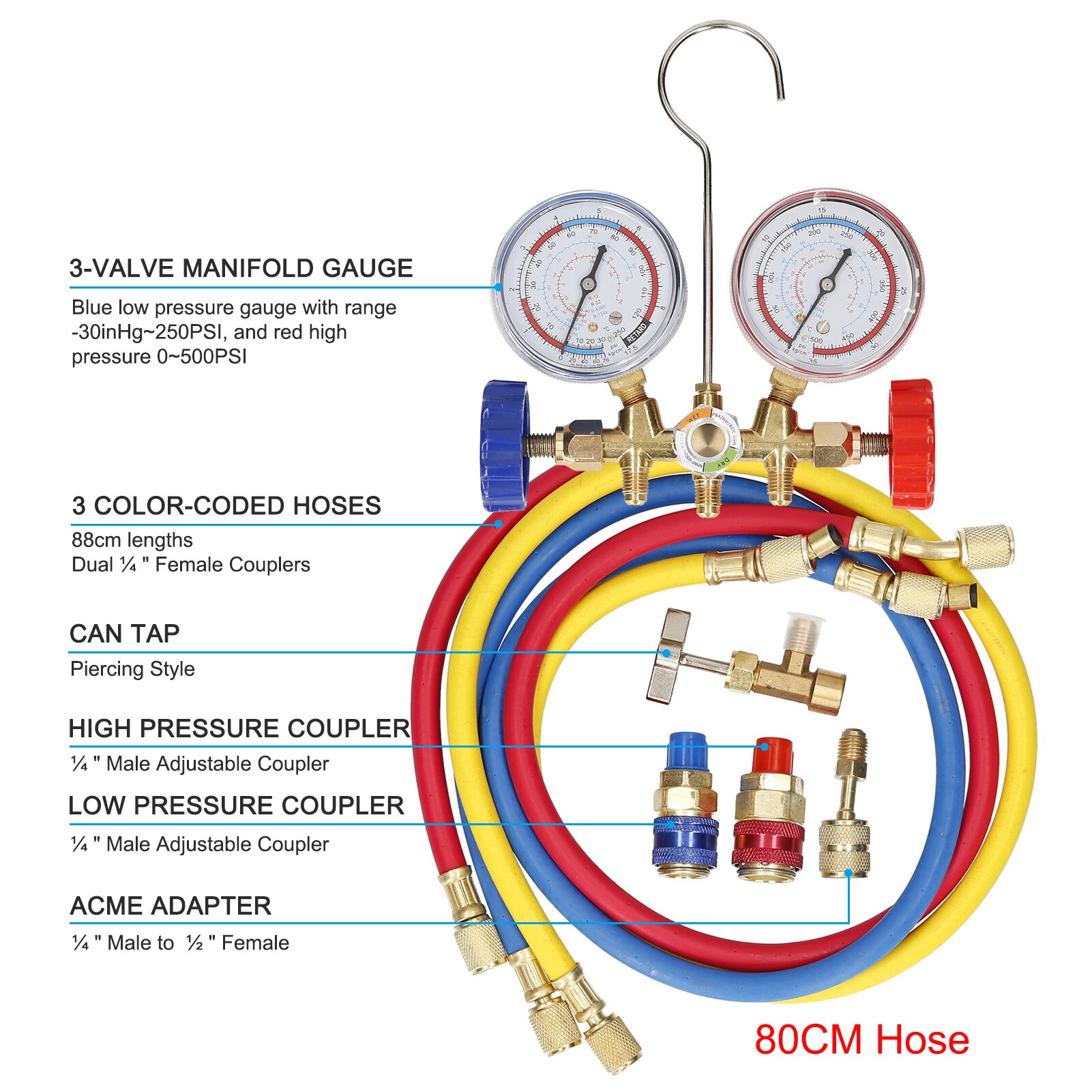 R134A Refrigerant Manifold Gauge Set, A/C Air Conditioning Tools ith Hose and Hook for R12 R22 R-404A R-134a Manifold Gauge Air: Red