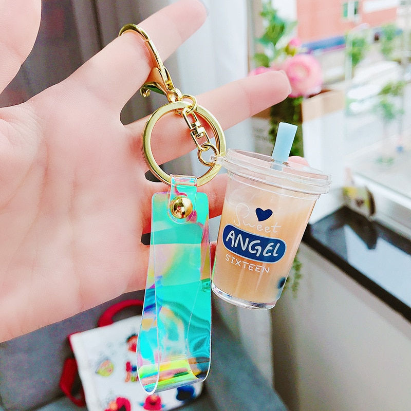 Mini Soft Drink Keychain Milk Tea Beverage Bubble Tea Keyring Moving Liquid oil Decompression Keyfob Jewelry