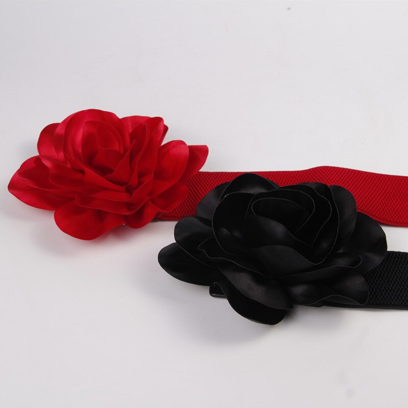 Cinturón ancho con flores para mujer, vestido ajustado elástico de primavera y verano, cinturón ancho de imitación de cuero negro y rojo para