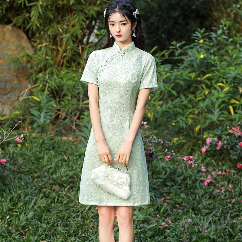 FZSLCYIYI-Qipao largo hasta la rodilla para mujer, Cheongsam de boda, cuello mandarín tradicional, manga corta, hojas de encaje: 708 / XXL
