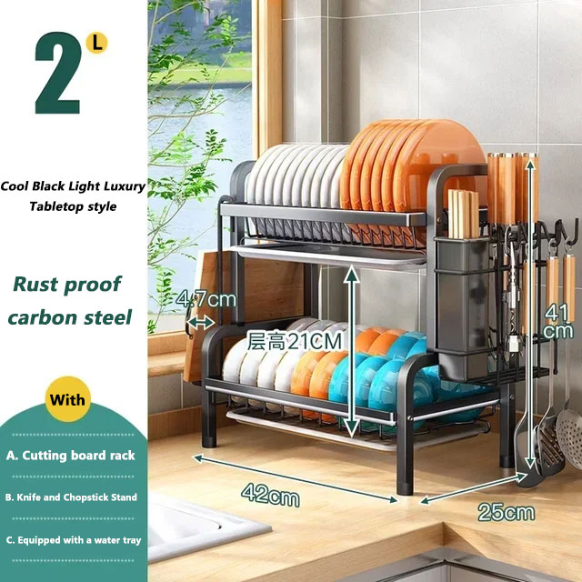 Stainless Steel 2-Tier Dish Drying Rack Large Rust-Proof Compact Kitchen Drainboard With Utensil Holder: Blue