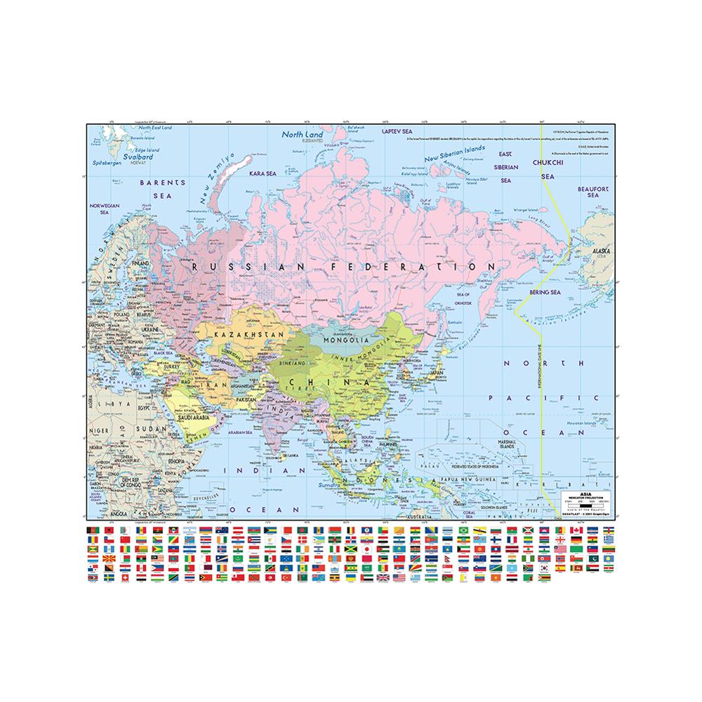 Mercator Projectie Gedetailleerde Kaart Van Azië Met Nationale Vlag 90X90 Cm Niet-geweven Waterdichte Kaart