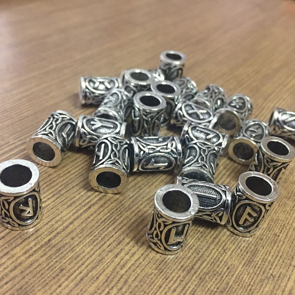 24pcs/Set Vintage Rune Viking Beard Beads TIWAZ TYR Sol Runes Tube Spacer Beads Charms for Hair/Necklace/Bracelet DIY Jewelry