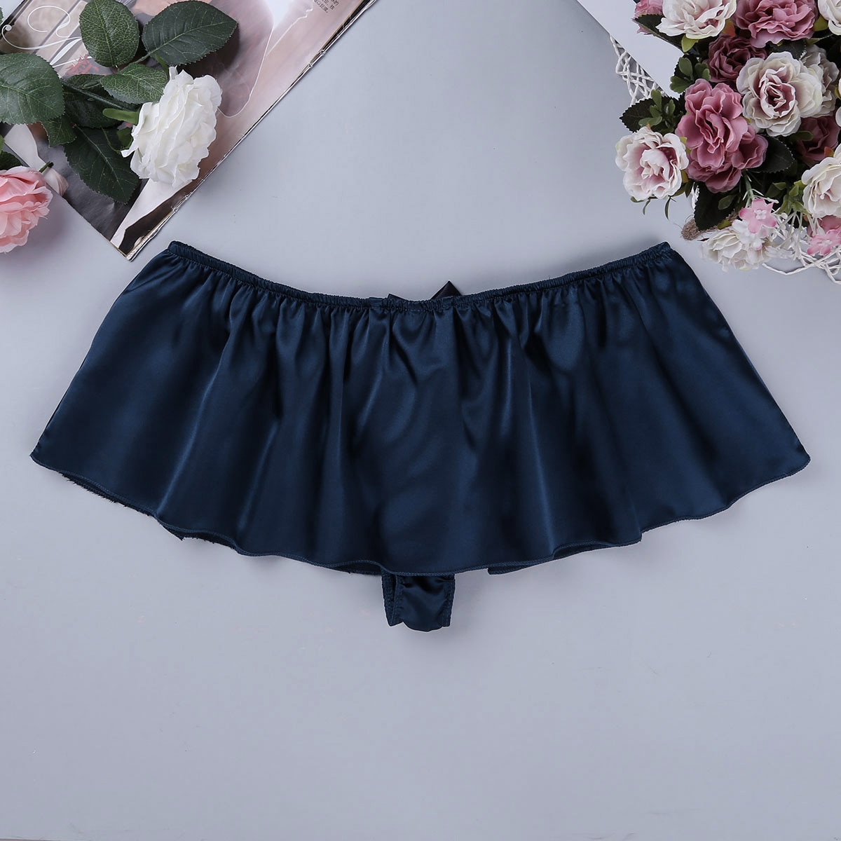 String en Satin de soie pour hommes, jupe-culotte à volants: Navy Blue / XL