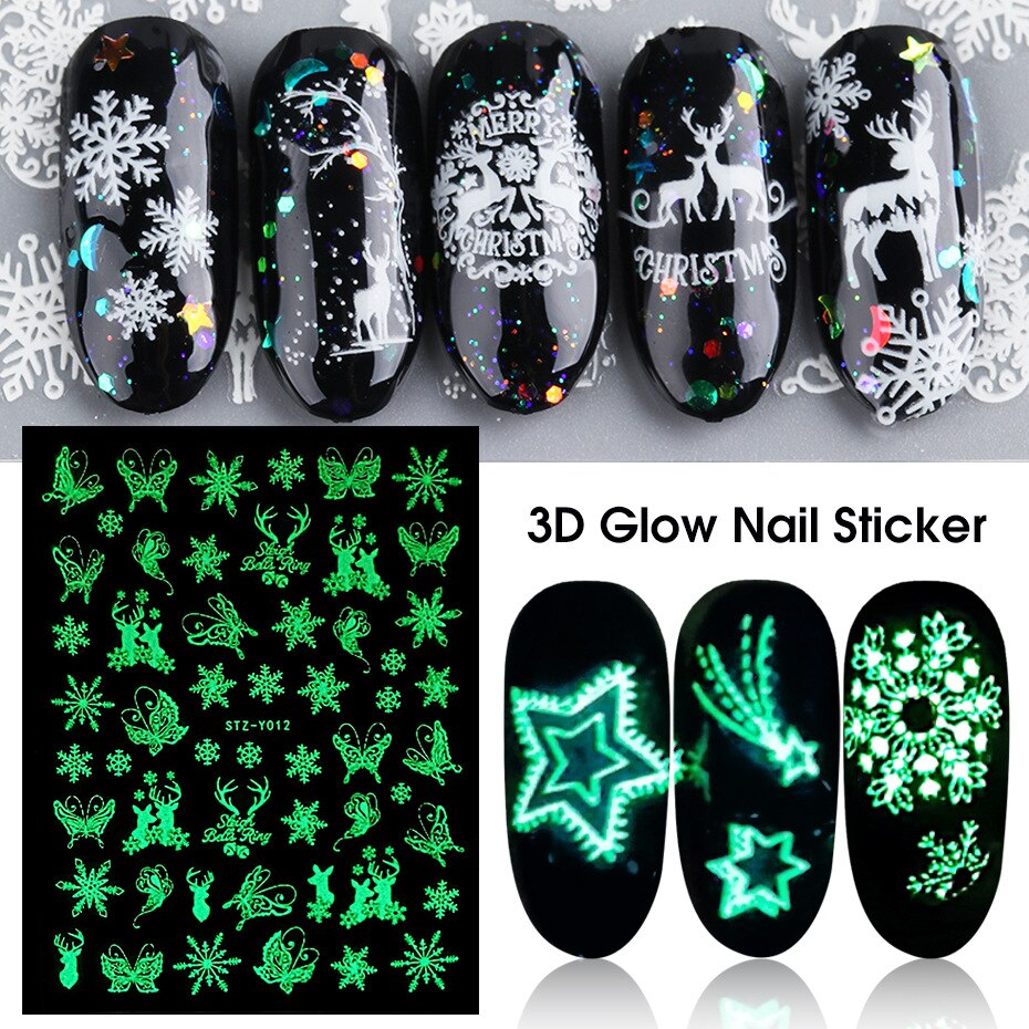 1Pc Luminous Nail Sticker Effect 3D Kerst Sneeuw Nail Art Decoratie Stickers Water Decals Slider Wraps Nail