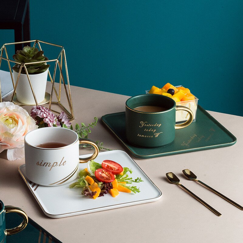 Nordisk stil keramisk kaffekop sæt enkelt kop underkop kaffebar hotel husstand firkantet plade gyldent håndtag