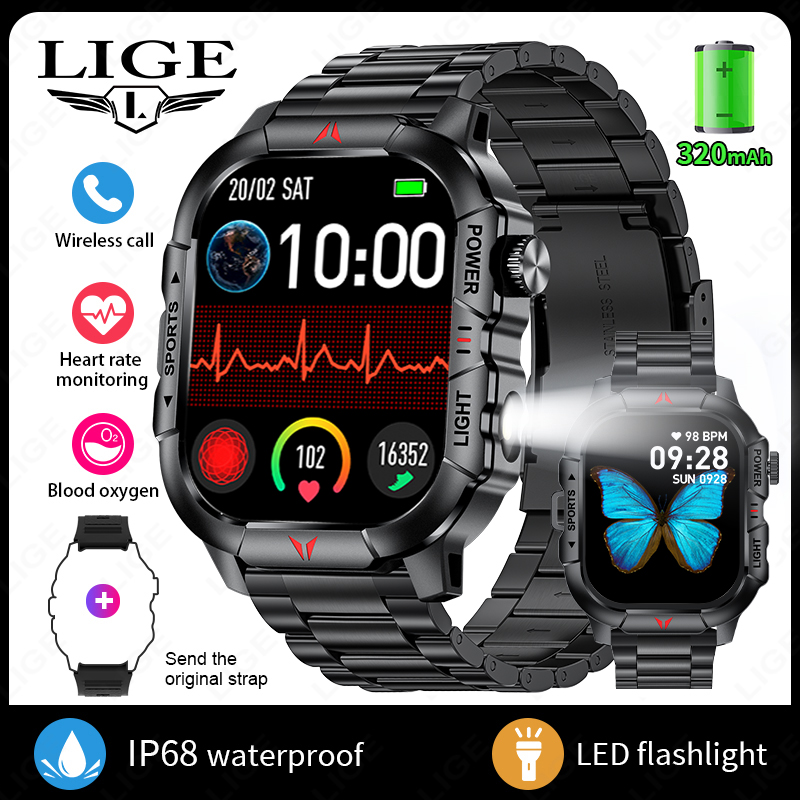 LIGE inteligentny zegarek latarka doprowadziło męskie zegarki wodoodporne 2.01-calowy ekran HD bransoletka zdrowotna wojskowy Smartwatch sportowy na świeżym powietrzu mężczyzna: SZARY